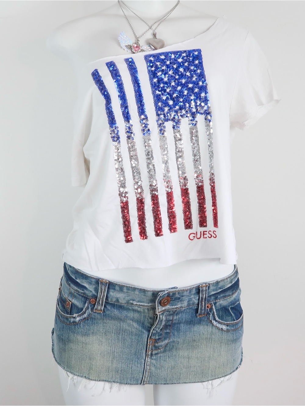 GUESS White Sequin American Flag Crop Top